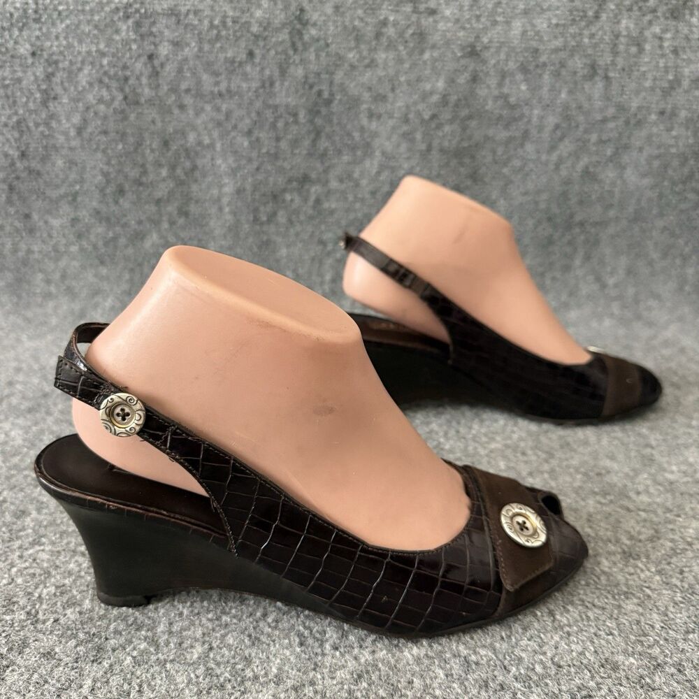 Brighton Nigel Croc Embossed Leather Slingback Wedge Heel Peep Toe Italy 9 N